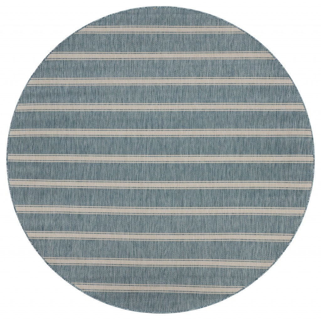 8' Round Teal Striped Indoor Outdoor Area Rug