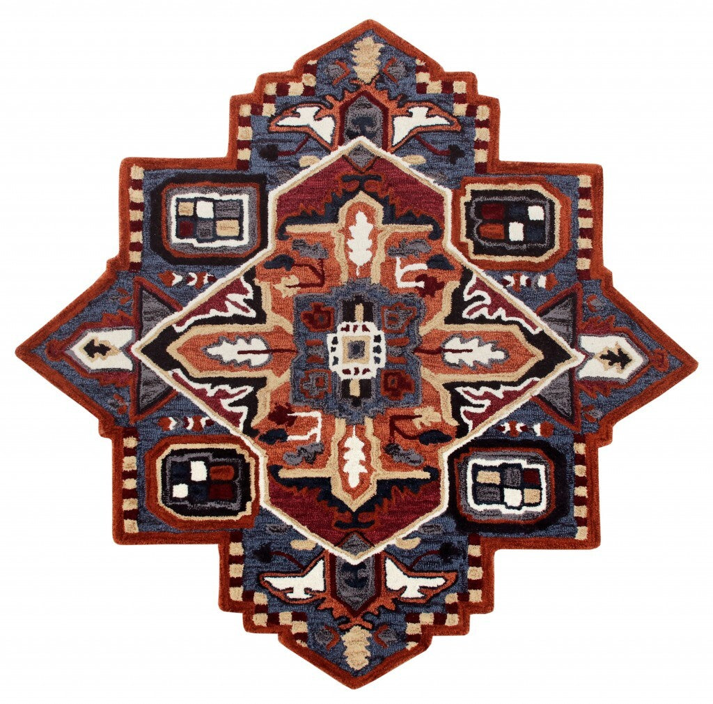 5' Maroon and Blue Medallion Area Rug