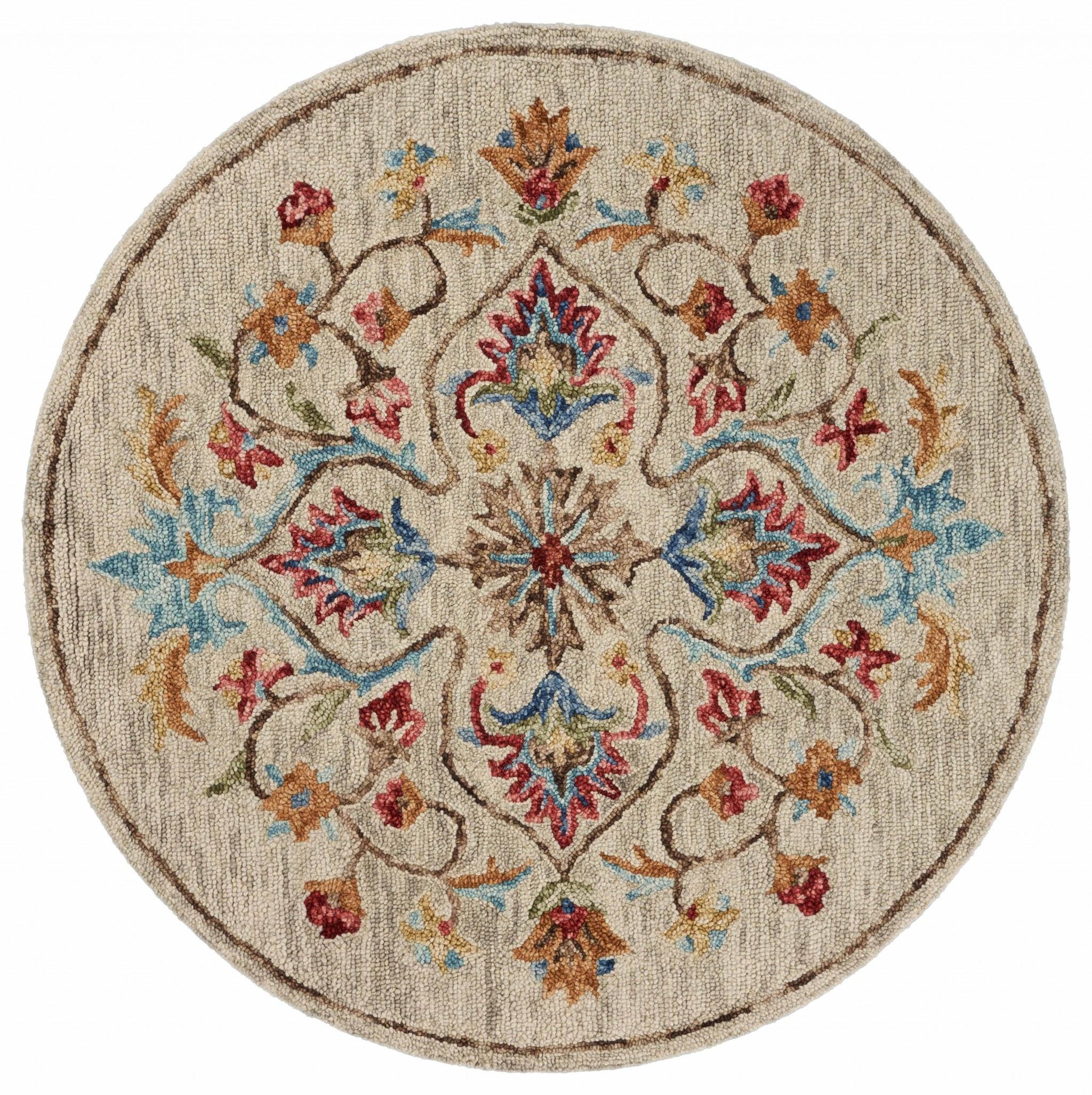 6' Round Beige Floral Medallion Area Rug