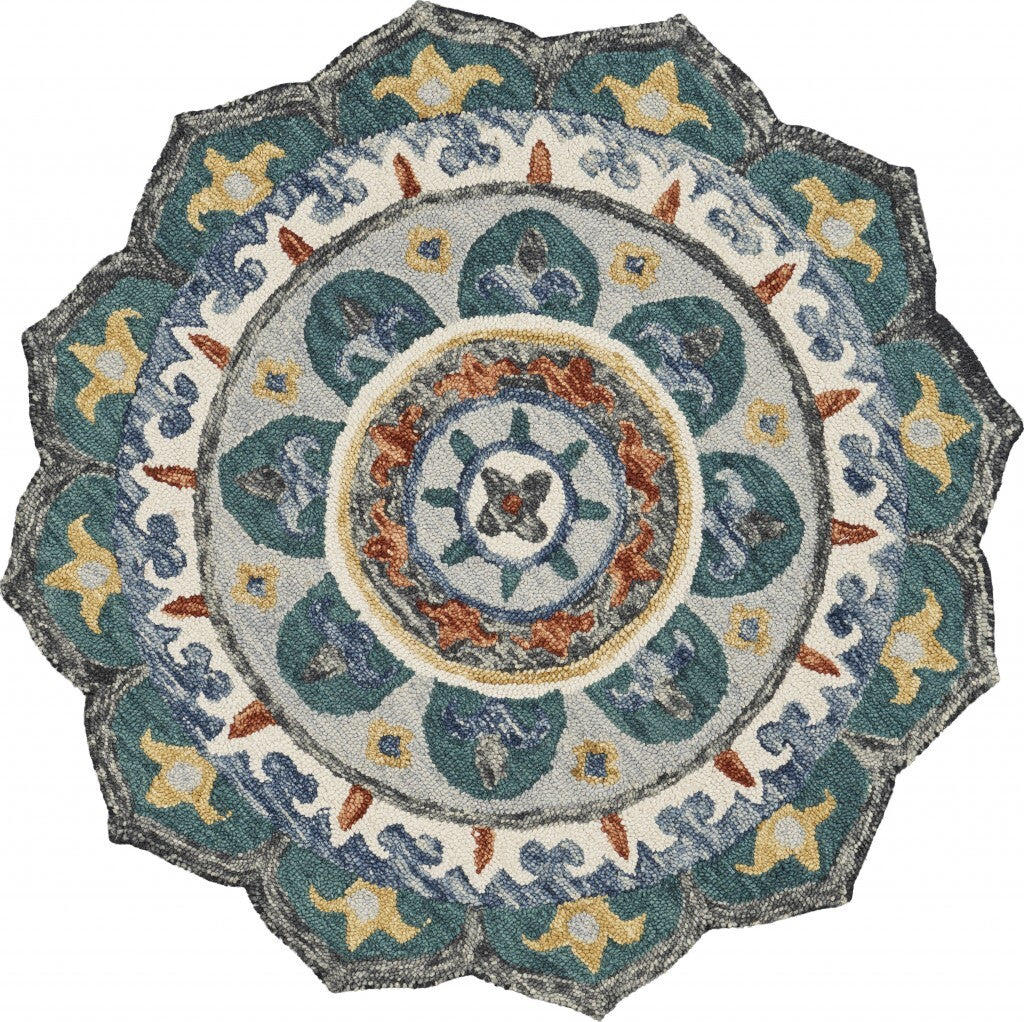 6' Round Teal Decorative Floral Area Rug