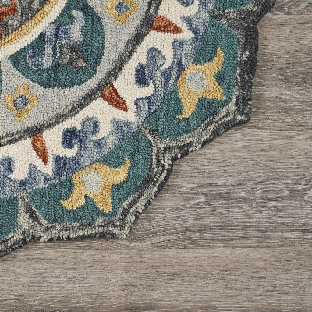 6' Round Teal Decorative Floral Area Rug