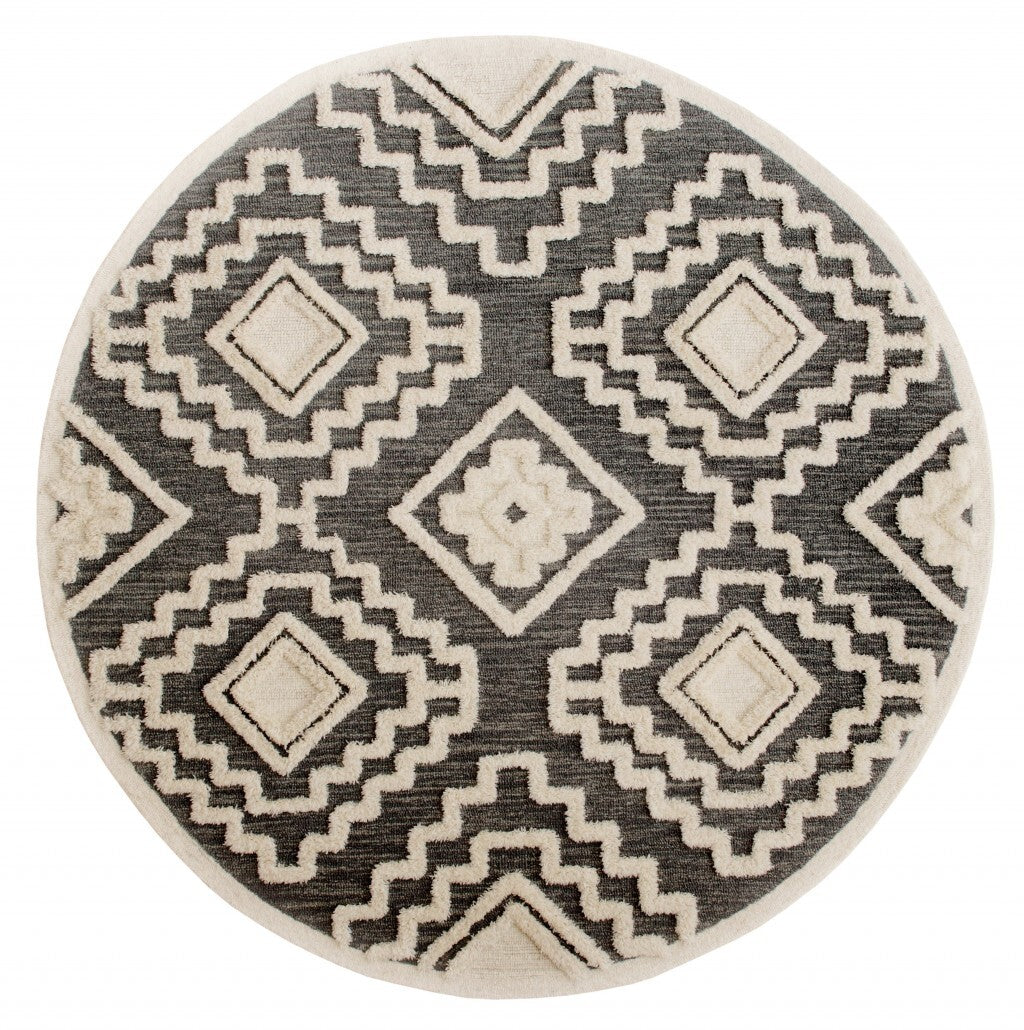 6' Round Gray and Cream Geometric Area Rug