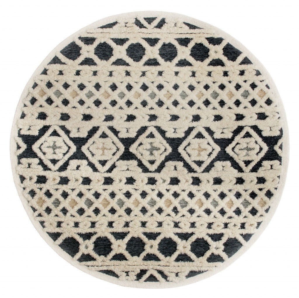 6' Round Blue and Cream Decorative Area Rug