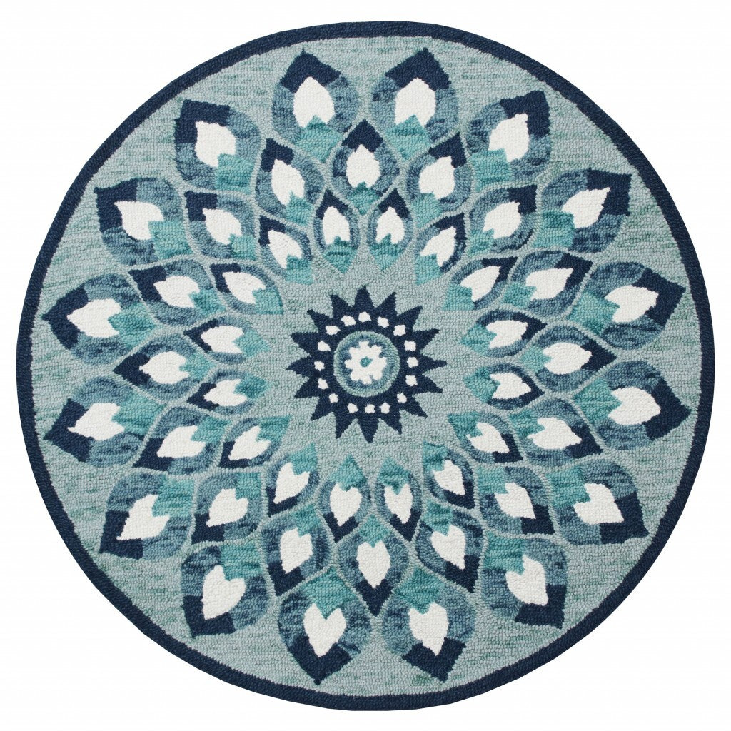 6' Round Blue and White Floral Feathers Area Rug