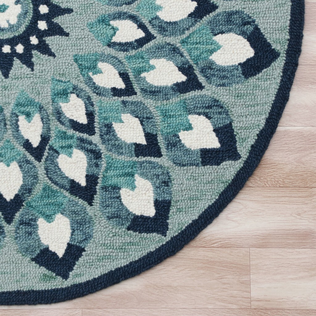 6' Round Blue and White Floral Feathers Area Rug