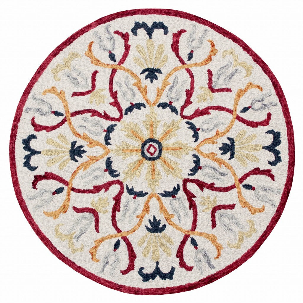 6' Round Red and Ivory Floral Filigree Area Rug