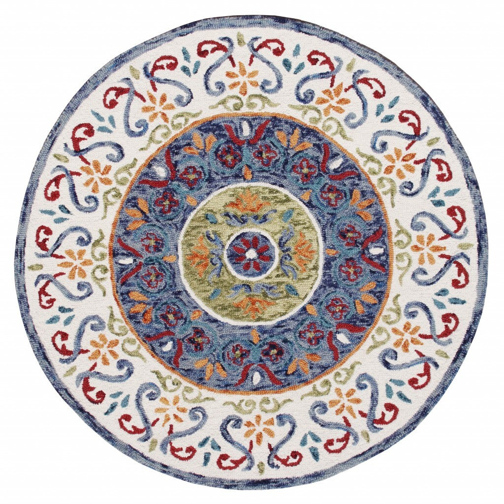 6' Round Blue and White Ornate Medallion Area Rug