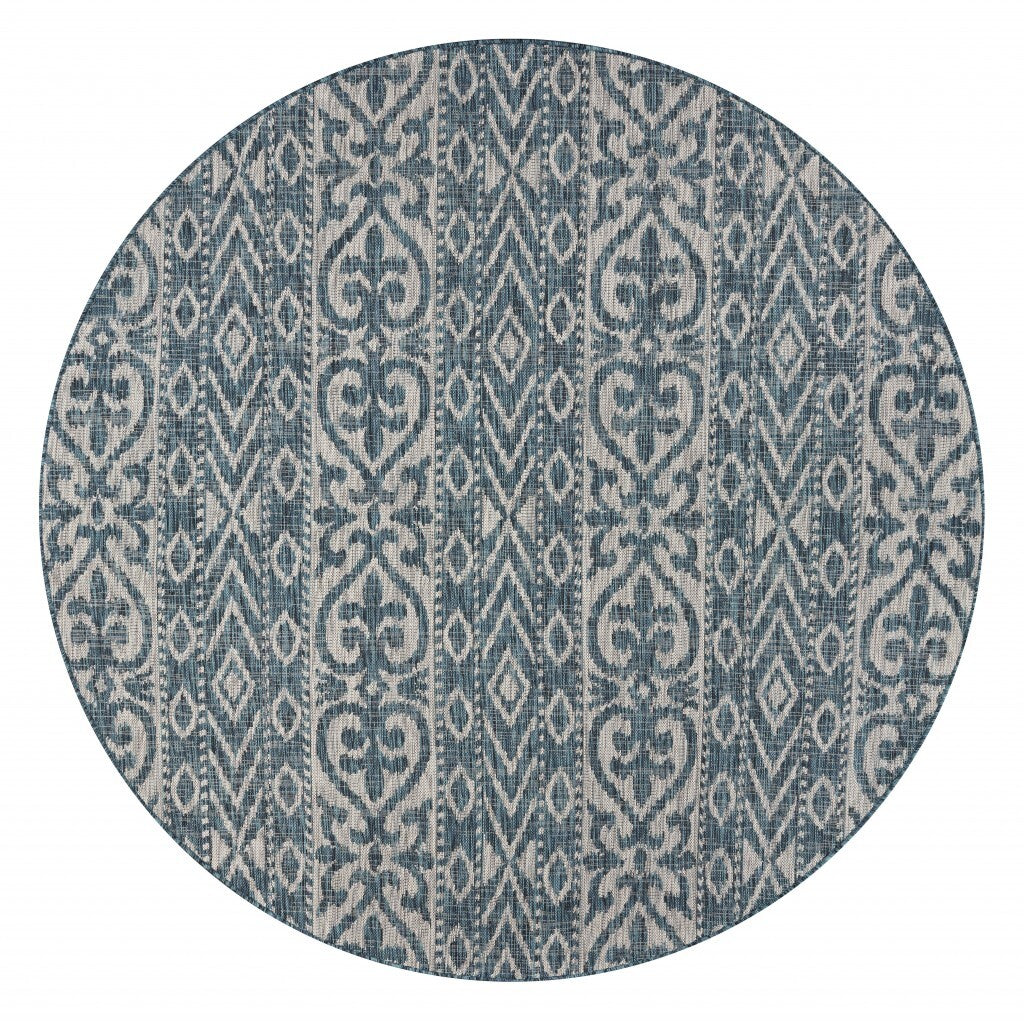 8' Round Blue Geometric Indoor Outdoor Area Rug