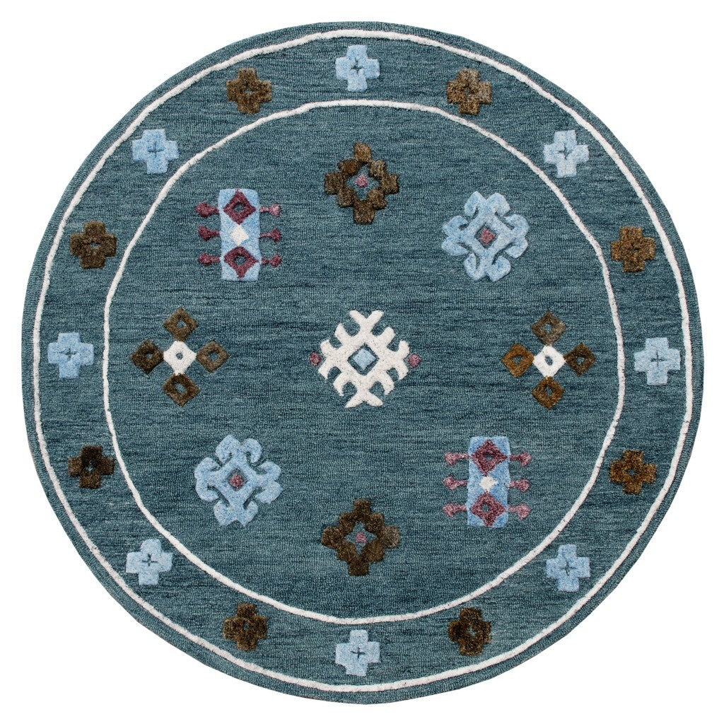 7' Round Blue Bordered Motif Area Rug