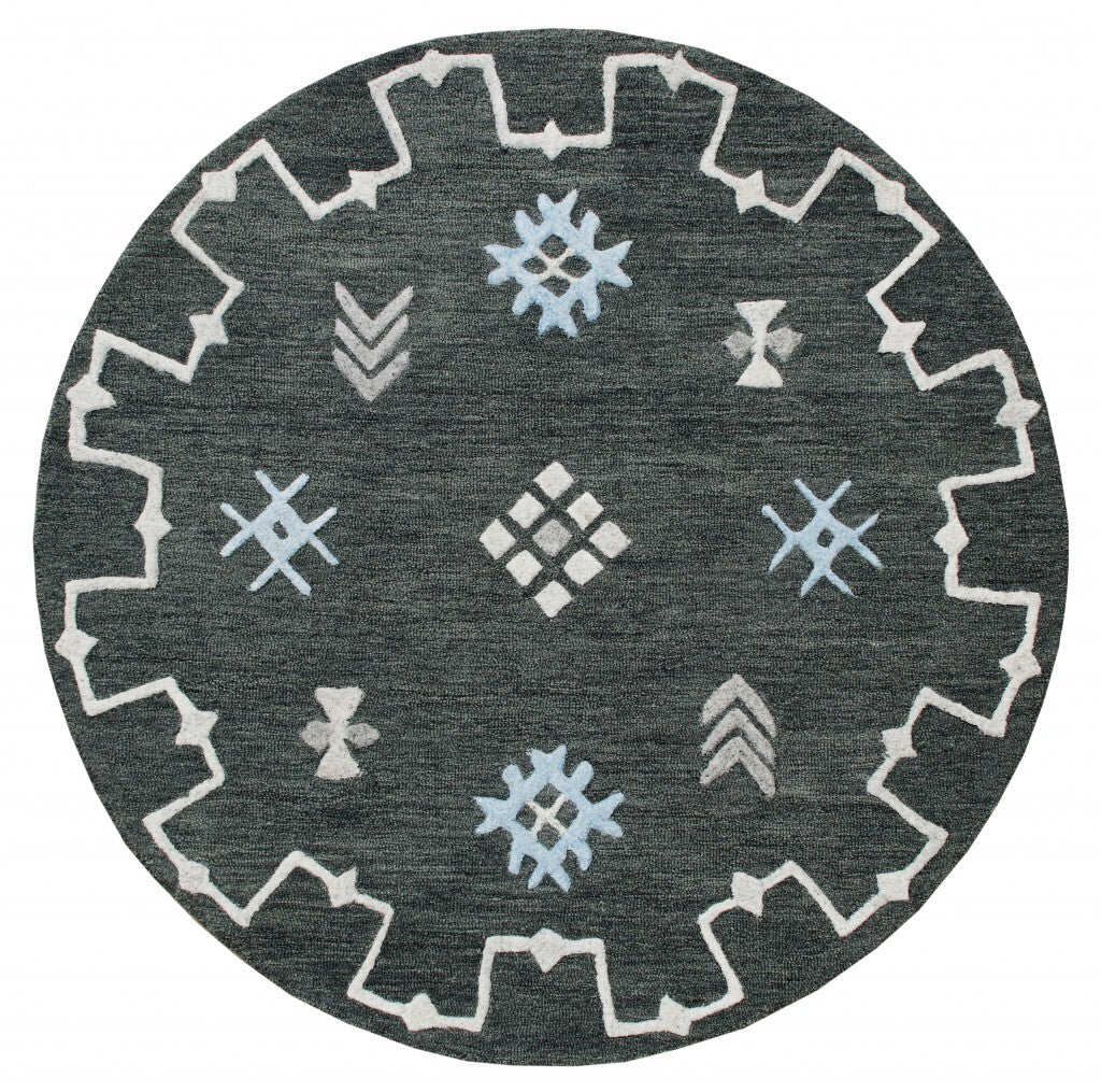 5' Round Charcoal Geometric Border Area Rug