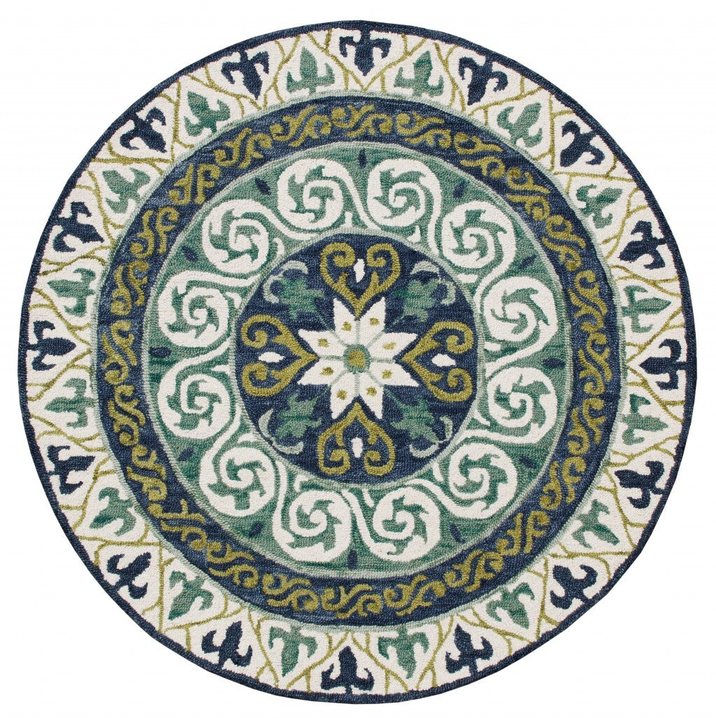 7' Round Blue and Green Ornate Medallion Area Rug