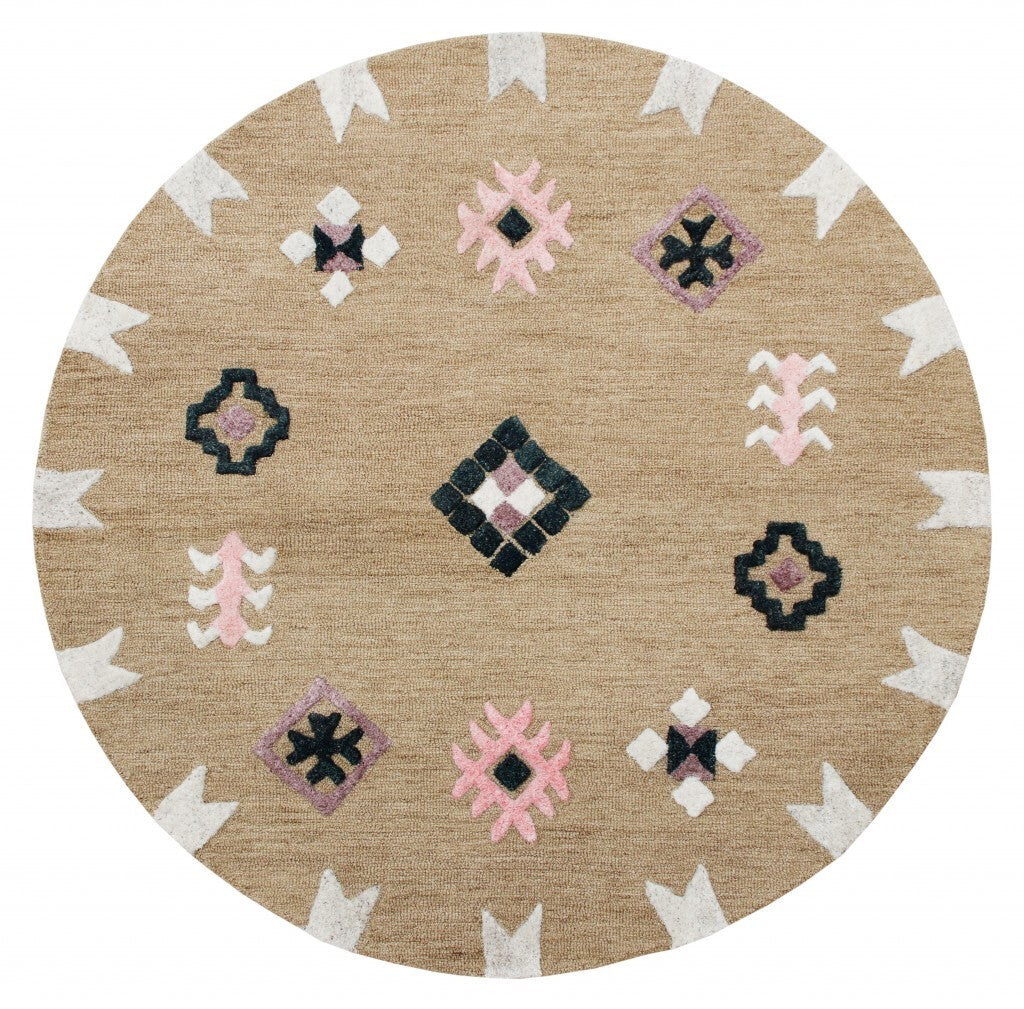 5' Round Taupe Boho Chic Motif Area Rug