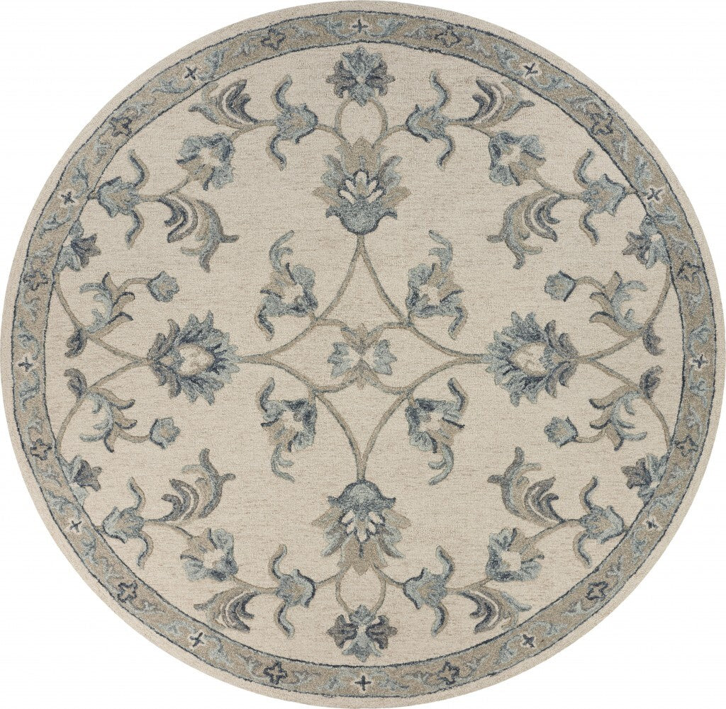 5' Round Beige and Blue Filigree Area Rug