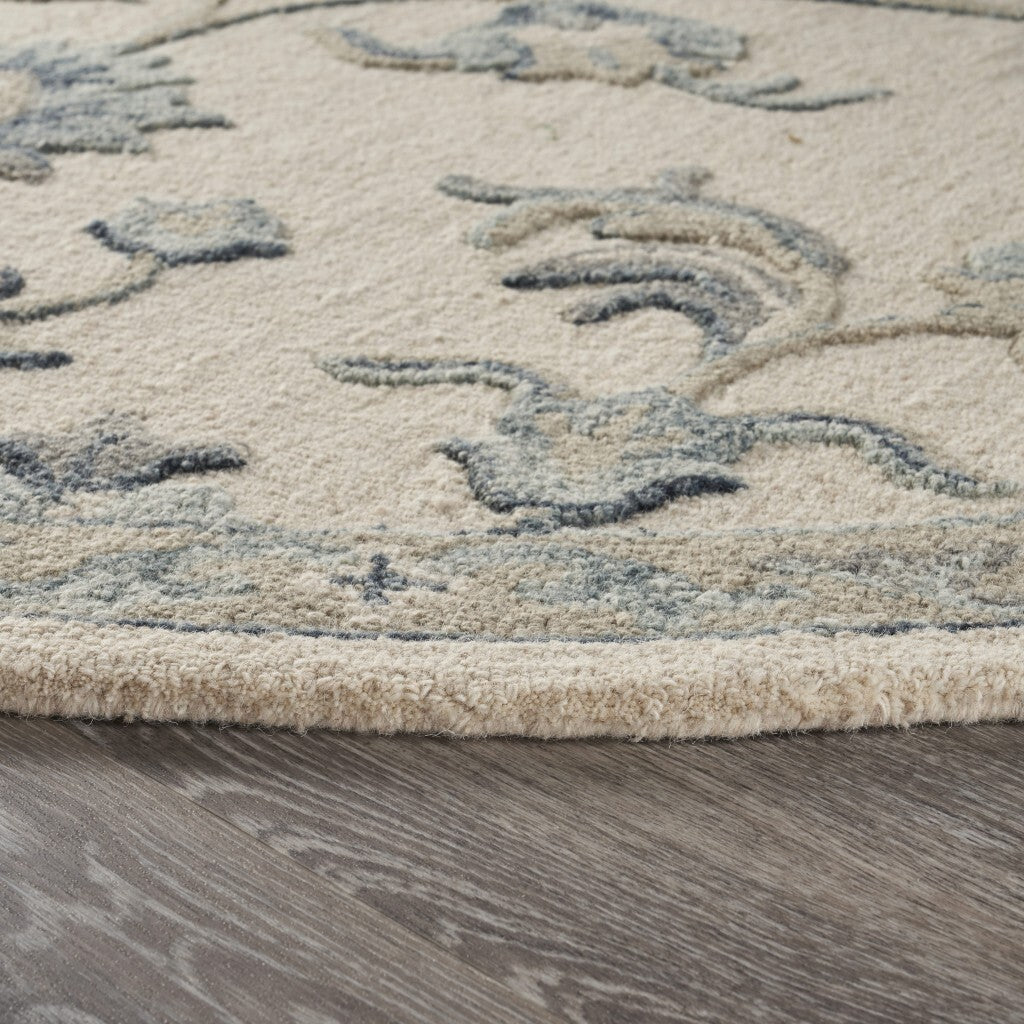 7' Round Beige and Blue Filigree Area Rug