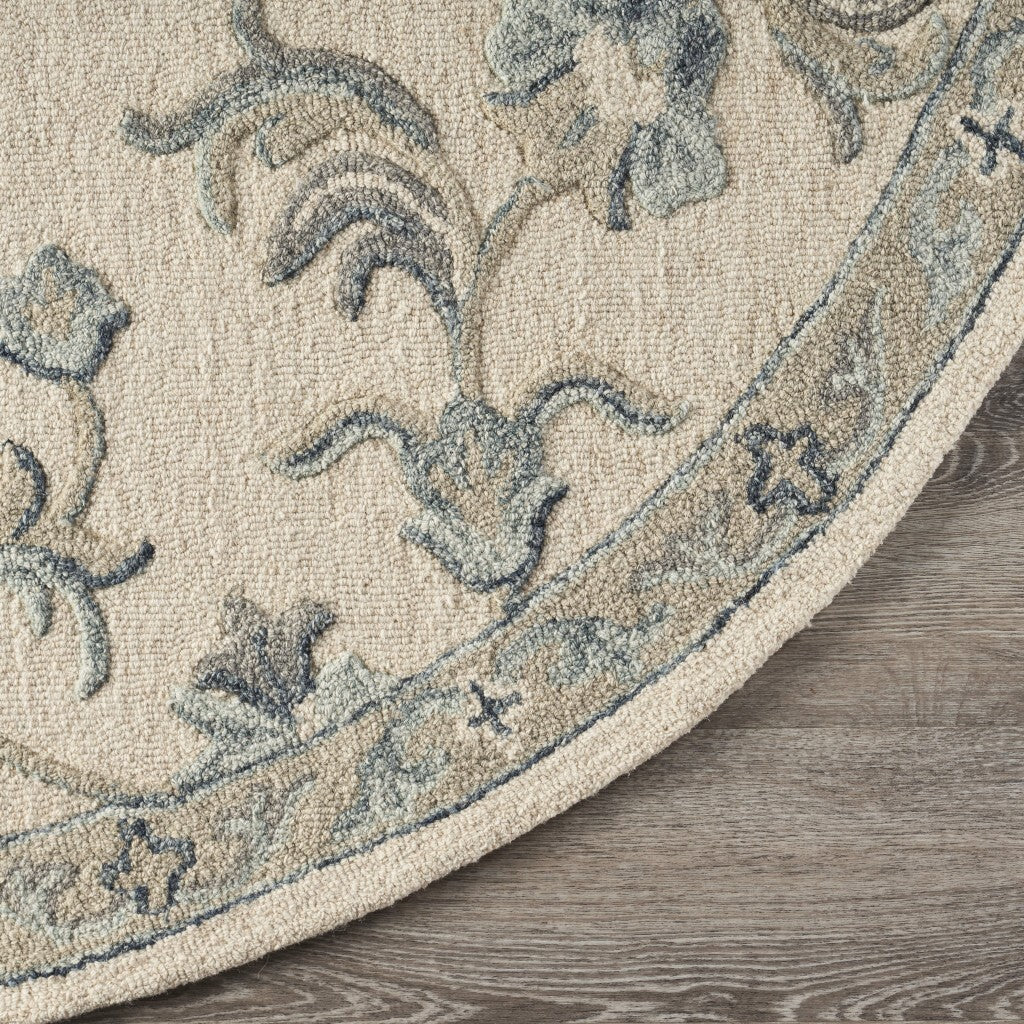 7' Round Beige and Blue Filigree Area Rug