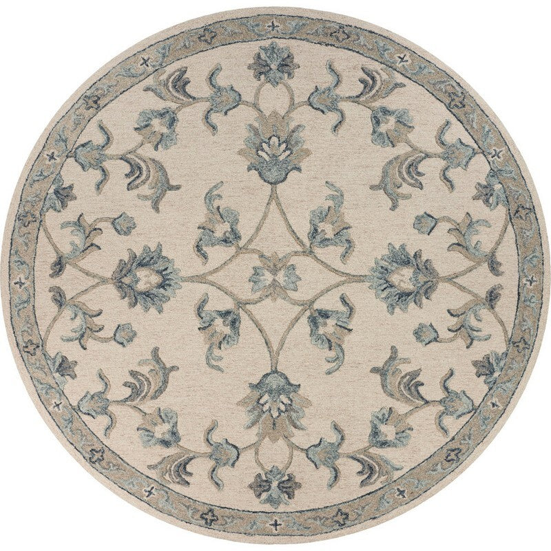 7' Round Beige and Blue Filigree Area Rug