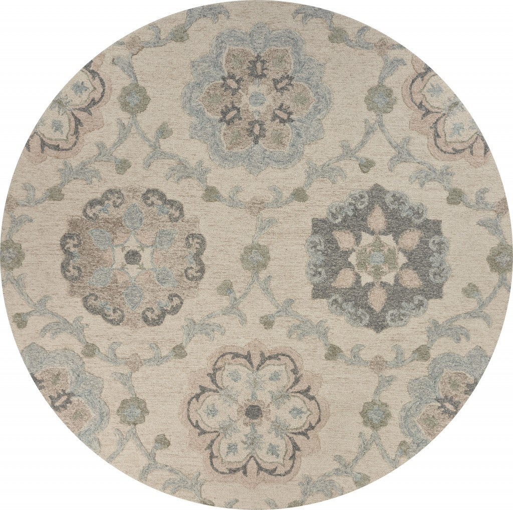 7' Round Ivory Intricate Floral Area Rug