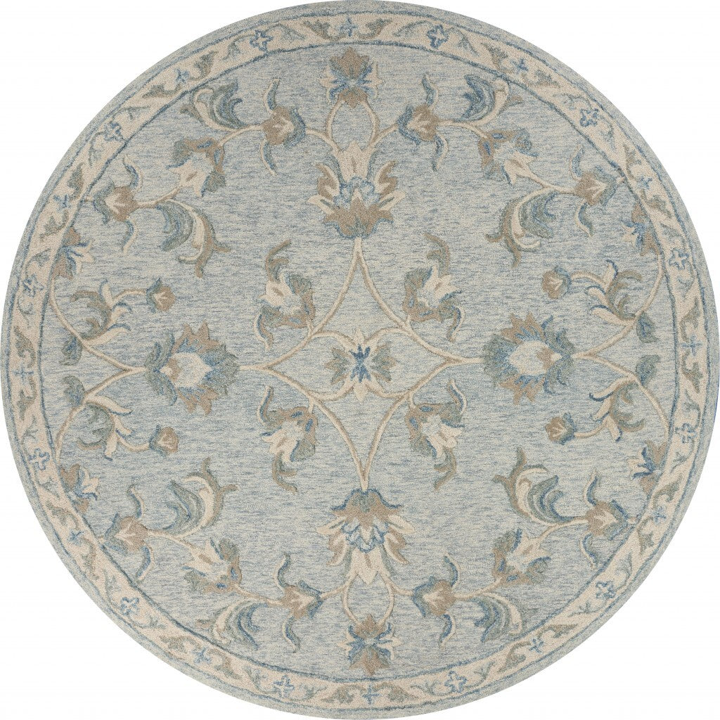 7' Round Blue and Cream Filigree Area Rug