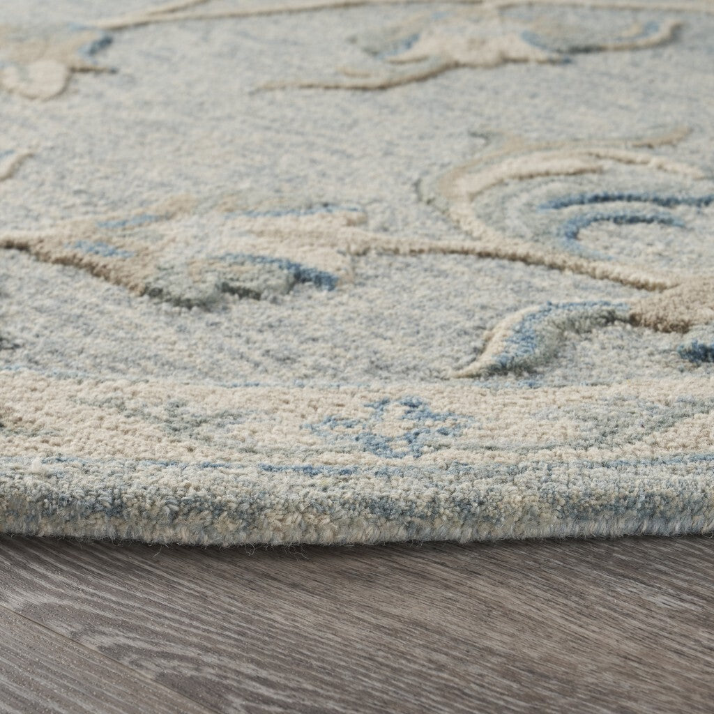 7' Round Blue and Cream Filigree Area Rug