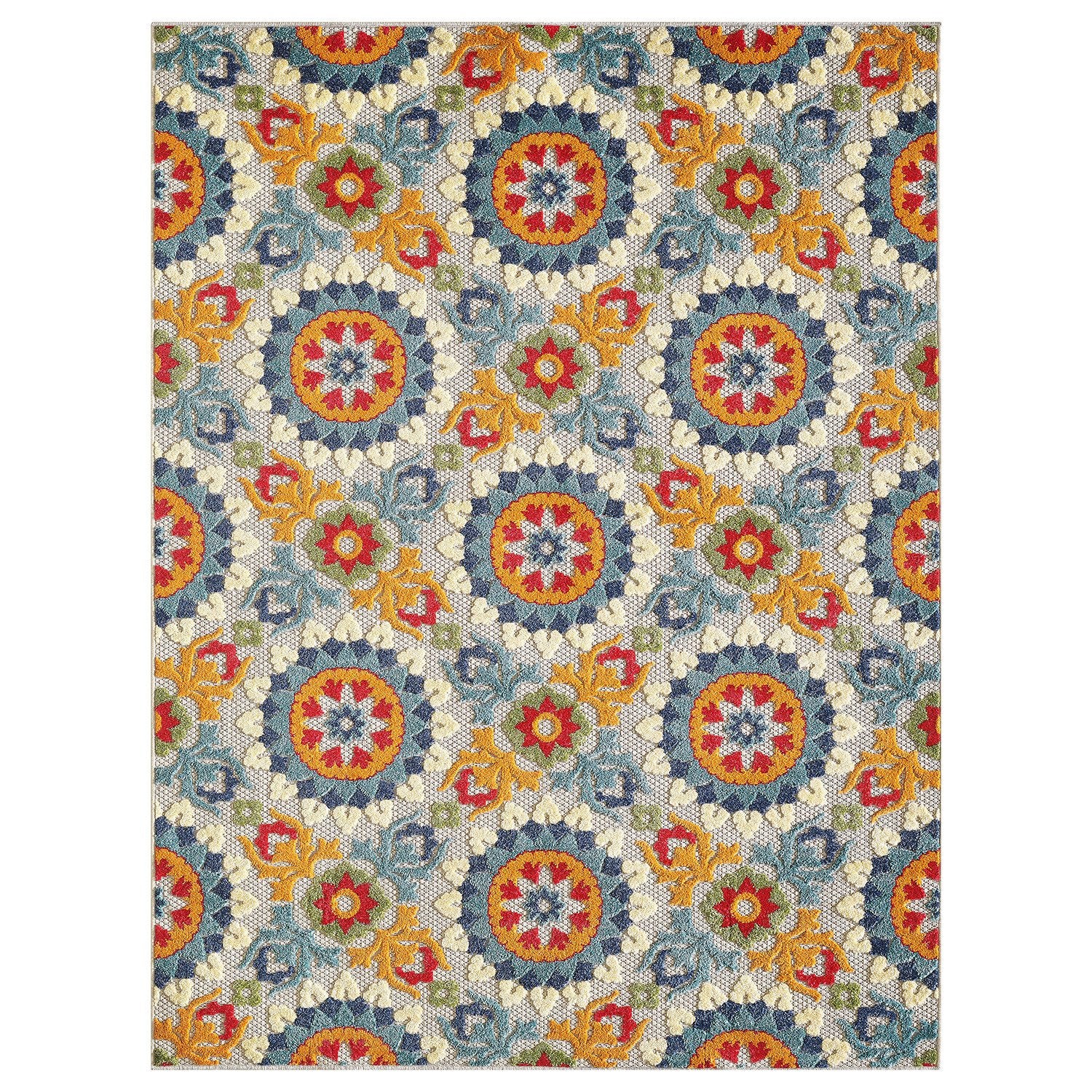 5' x 7' Orange Floral Lattice Indoor Outdoor Area Rug