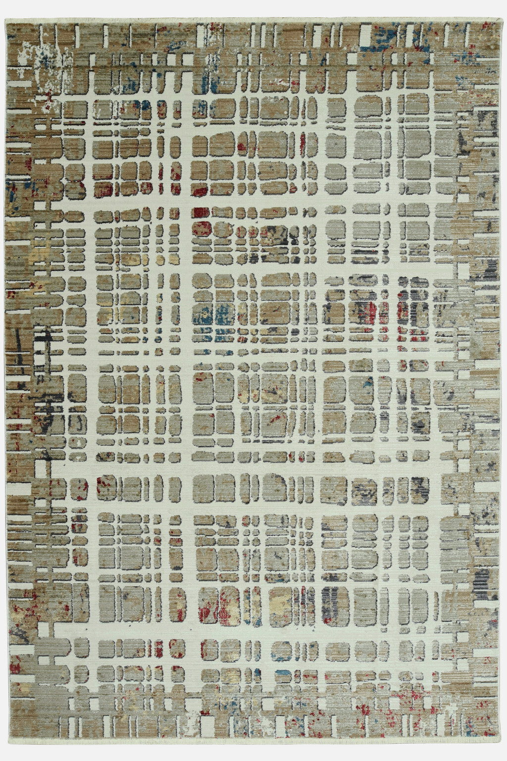 2' x 8' Ivory Khaki Distressed Plaid Runner Rug