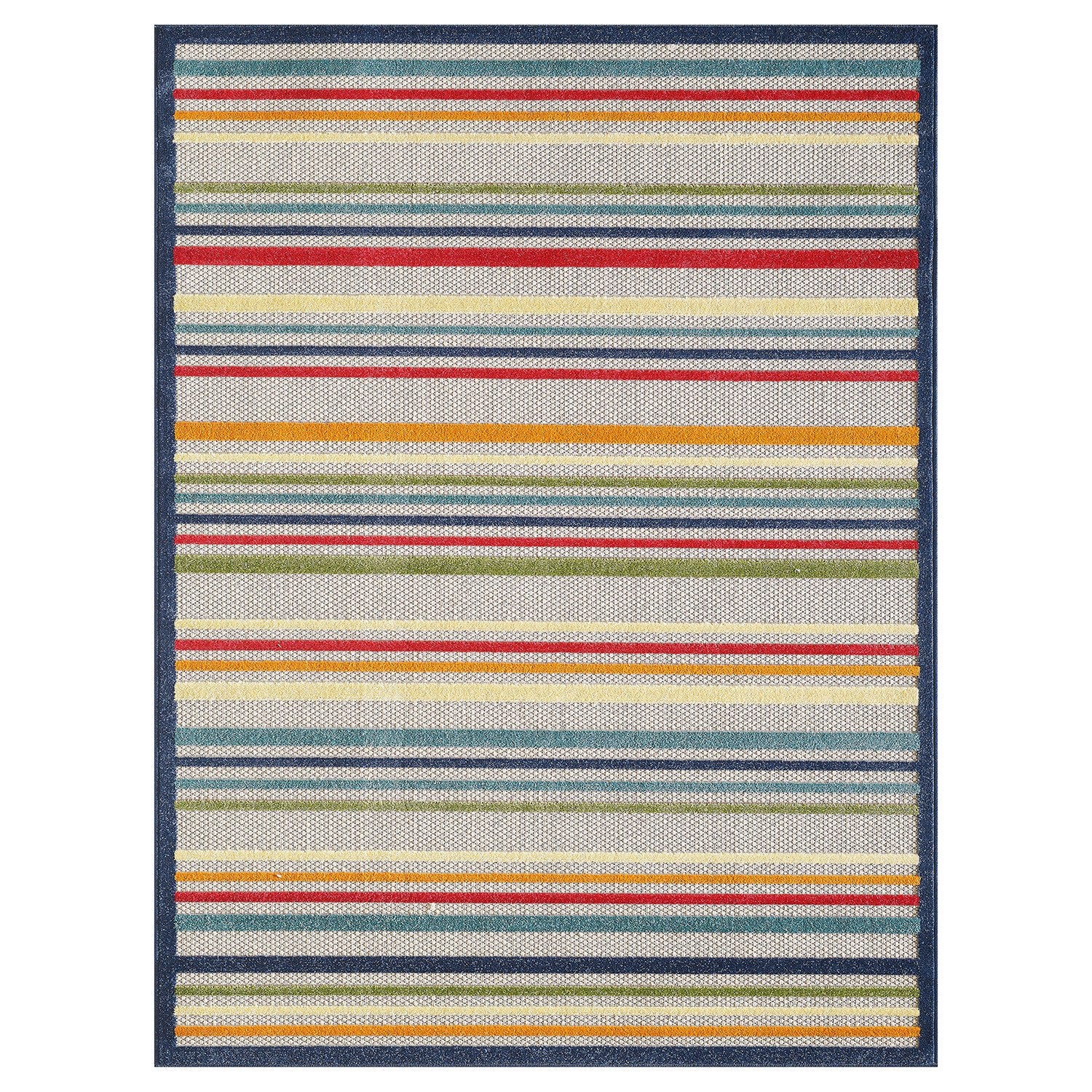 8' Round Navy Colorful Striped Indoor Outdoor Area Rug