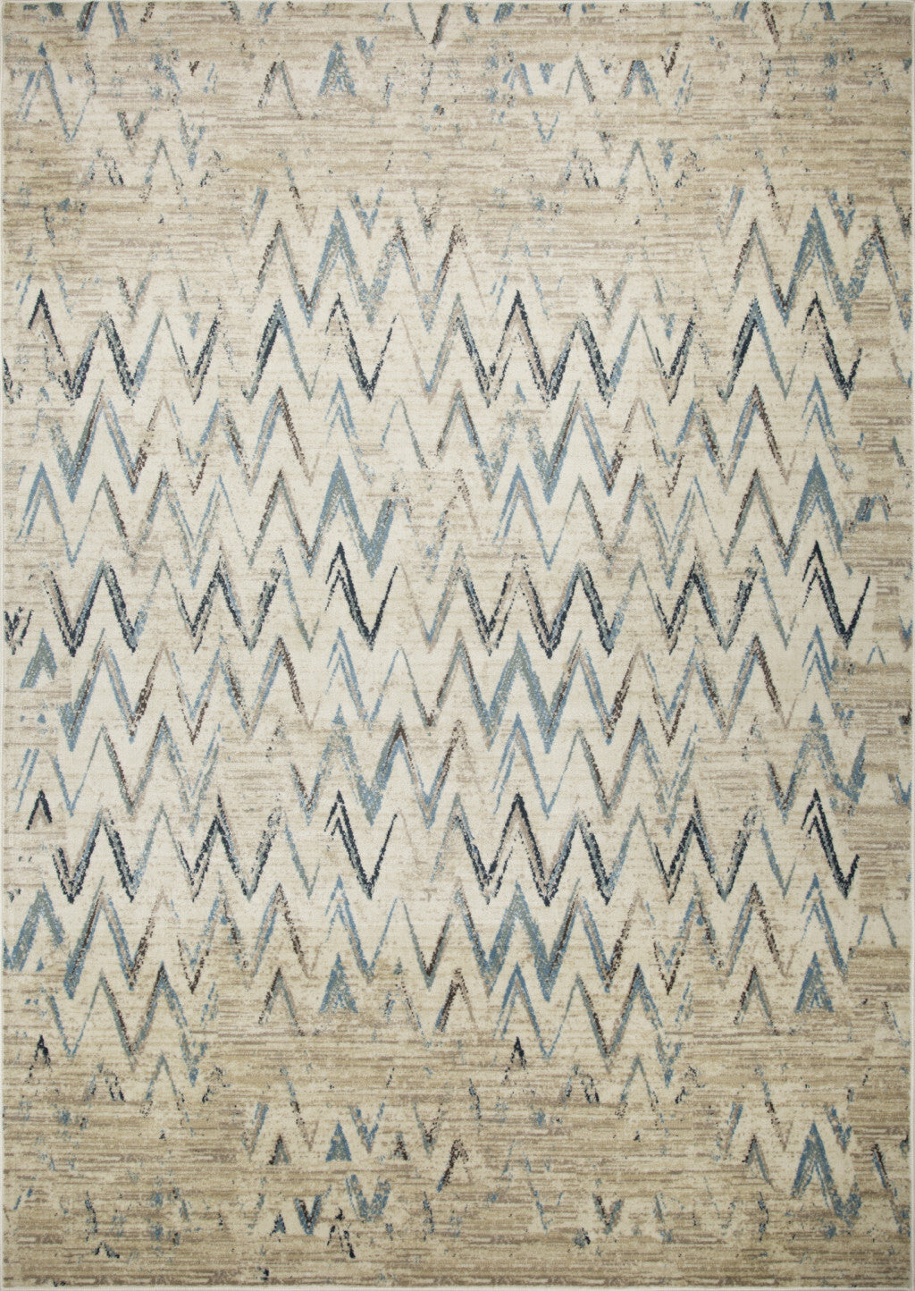 3' x 5' Beige Blue Distressed Chevron Area Rug