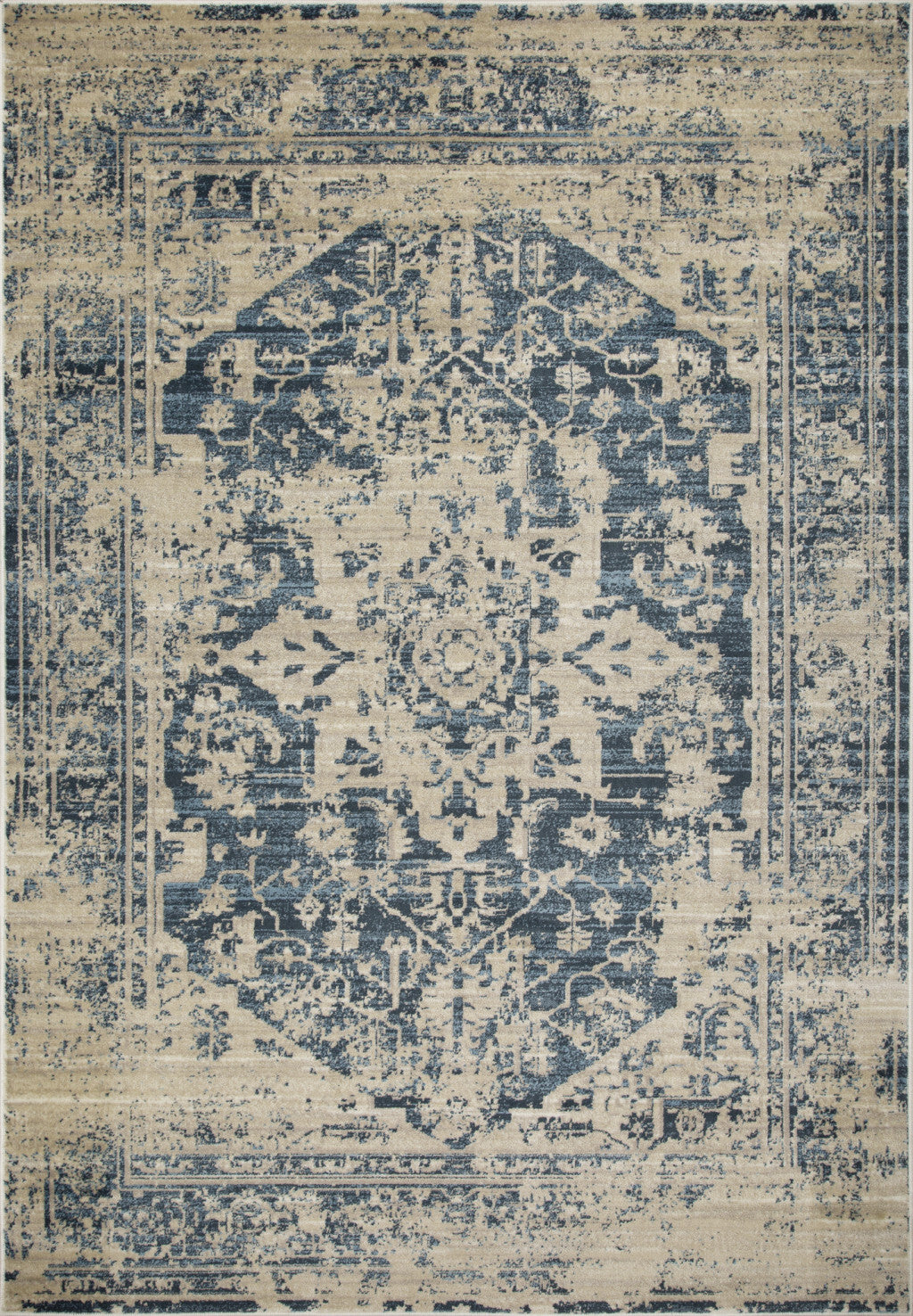 2' x 8' Beige Blue Distressed Medallion Runner Rug