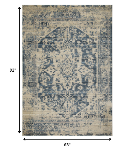 5' x 8' Beige Blue Distressed Medallion Area Rug