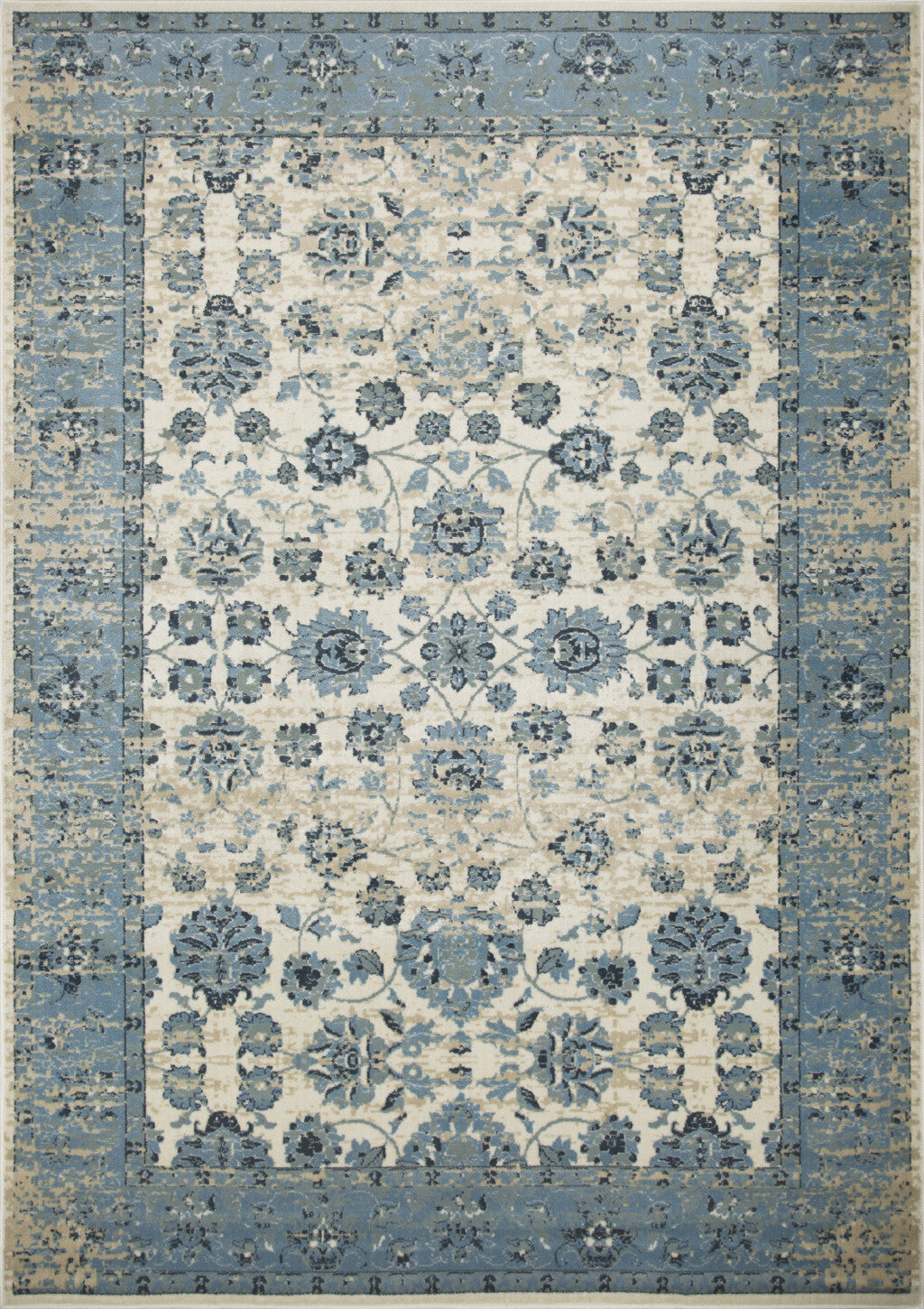 2' x 8' Blue Ivory Distressed Oriental Runner Rug