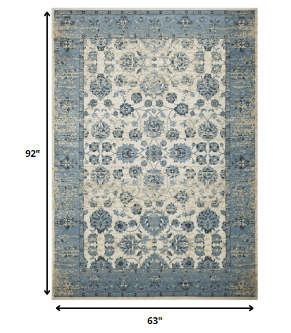 5' x 8' Blue Ivory Distressed Oriental Area Rug