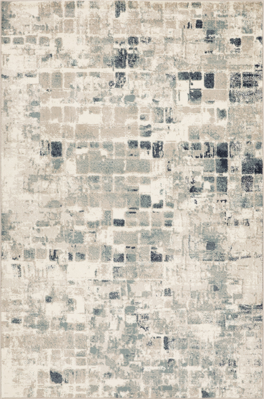 3' x 5' Beige Blue Abstract Tiles Distressed Area Rug