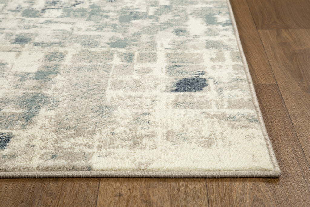 5' x 8' Beige Blue Abstract Tiles Distressed Area Rug