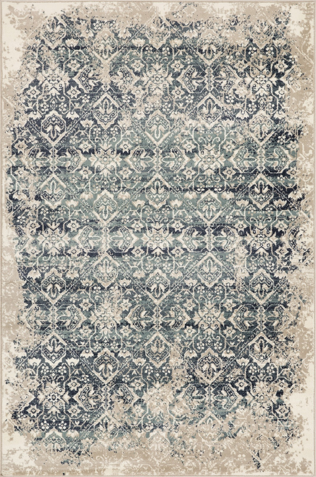 2' x 8' Beige Blue Distressed Diamonds Runner Rug